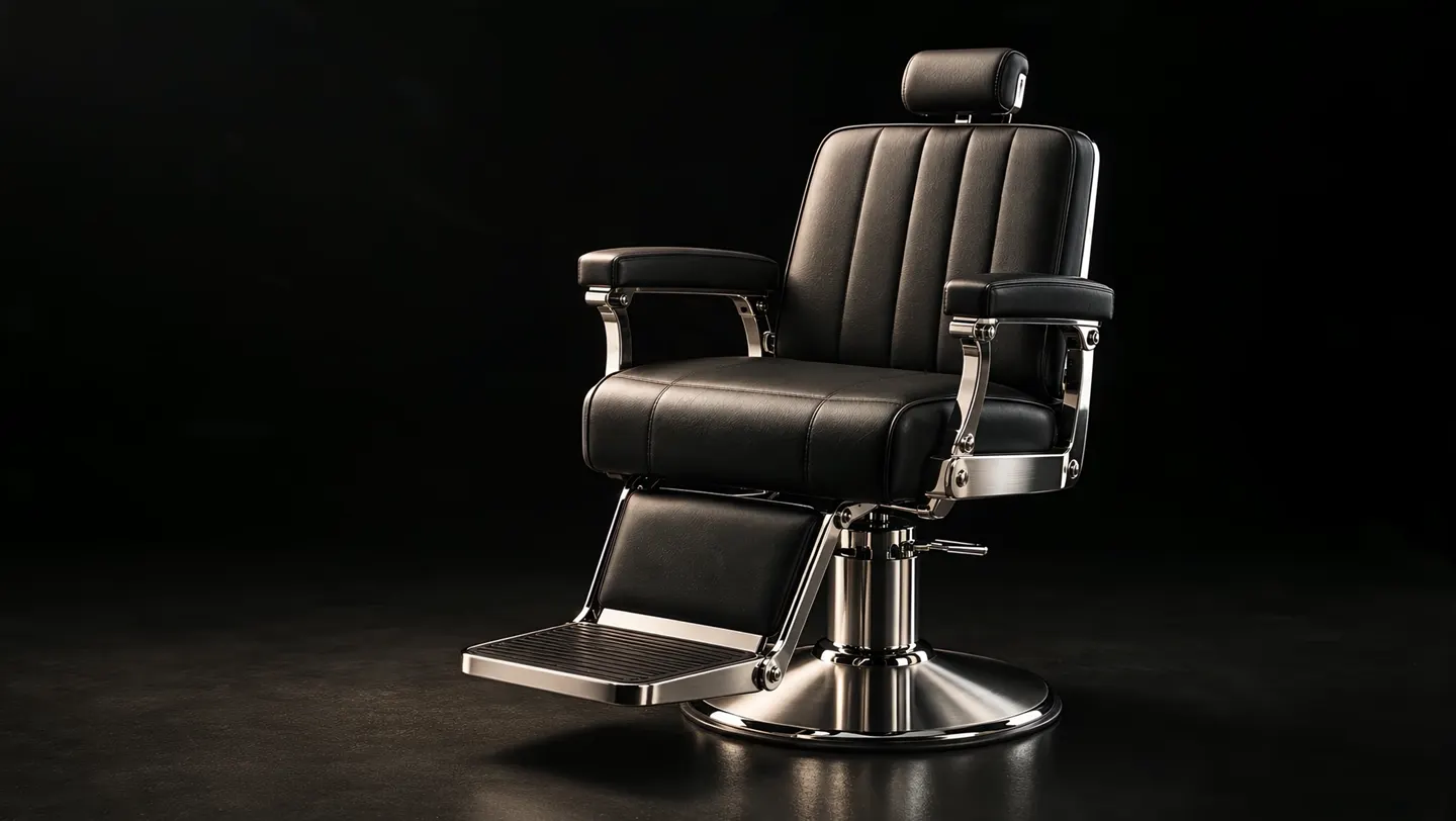 Sillón de barbero de cuero negro y cromo